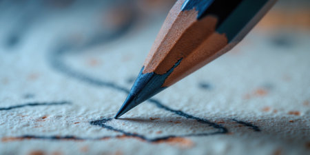 Macro view of a sharpened pencil tip creating detailed black lines on textured paper. The composition highlights precision, creativity, and artistic expression.の素材