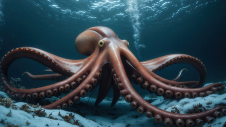 Majestic octopus underwater with its tentacles spread wide, surrounded by marine vegetation on the ocean floor. Sunlight filters through the water, creating a serene ambiance.の素材