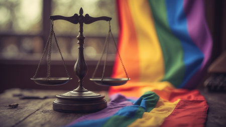 Scales of justice placed on a rustic wooden table with a vibrant rainbow flag in the background, representing LGBTQ rights, equality, and social justice.の素材
