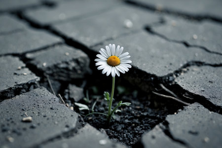 White daisy flower emerging from a crack in dark asphalt, representing resilience, growth, and hope in adversity. Contrasting textures emphasize the theme.の素材