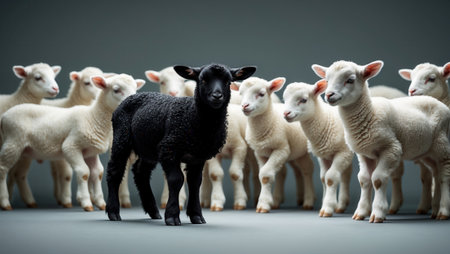 Black lamb standing confidently in the center of a group of white lambs, representing individuality, uniqueness, and diversity. Studio lighting with neutral background.の素材
