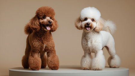 Two poodles, one brown and one white, with elegant grooming styles, standing on a round platform. Neutral beige background enhances their fluffy coats.の素材
