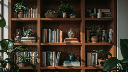 Wooden bookshelf filled with books, potted plants, and decorative items in a cozy home interior. Natural light highlights the warm tones and greenery.の素材