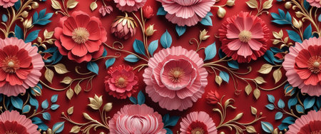 Intricate floral design featuring red and pink flowers with layered petals, golden leaves, and blue accents. Set against a bold red background for a luxurious look.の素材