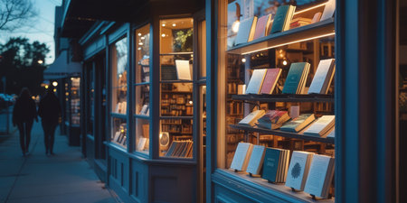 Evening view of a cozy bookstore with glowing lights highlighting books displayed in the window. The warm ambiance contrasts with the cool outdoor tones, creating a serene street scene.の素材