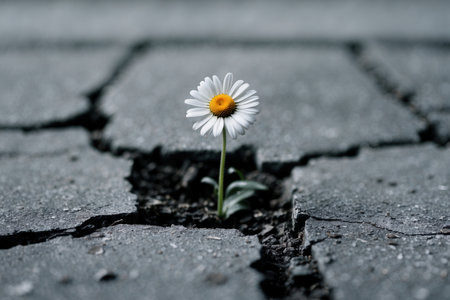 White daisy flower emerging from a crack in asphalt, representing resilience, growth, and hope in challenging conditions. Close-up with a blurred background.の素材