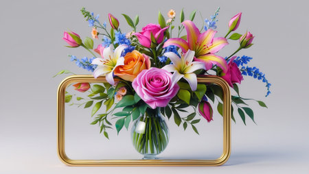 Colorful bouquet featuring pink roses, orange roses, pink lilies, and blue wildflowers in a glass vase. Surrounded by a golden rectangular frame against a neutral background.の素材