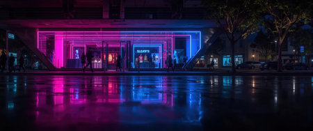 Contemporary storefront illuminated by vivid pink and blue neon lights at night. Reflections shimmer on the wet pavement, creating a dynamic urban atmosphere.の素材