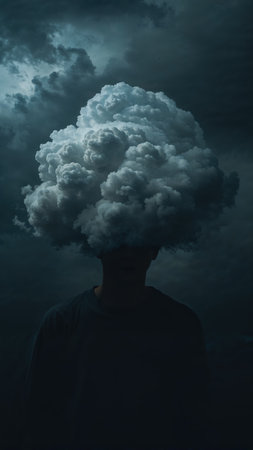 Surreal artistic depiction of a person with a cloud replacing their head, symbolizing thoughts or emotions, set against a dramatic dark sky background.の素材