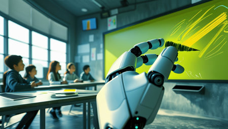 Robotic hand interacting with a digital board in a modern classroom setting, illustrating the integration of artificial intelligence in education. Students observe attentively.の素材