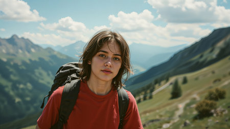 Young woman wearing a red shirt and backpack hiking in a picturesque mountain setting. Rolling hills, distant peaks, and a bright sky with clouds in the background.の素材
