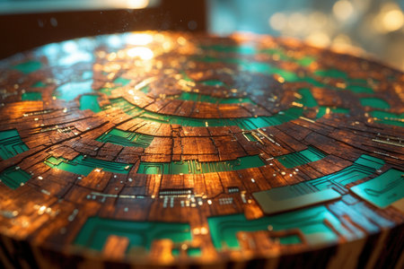 Close-up of a futuristic circular circuit board featuring intricate copper and green glowing patterns. Warm ambient lighting enhances the high-tech design.の素材