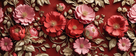 Luxurious floral composition featuring red and pink flowers surrounded by intricate golden leaves on a rich red textured background. Perfect for decorative themes.の素材