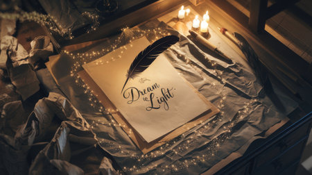 Vintage desk with handwritten text Dream of Light on parchment paper, surrounded by glowing fairy lights, candles, and a black feather quill.の素材