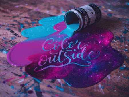 Spilled paint in vibrant pink and blue shades with handwritten text Color Outside on a wooden surface, artistic and creative concept.の素材