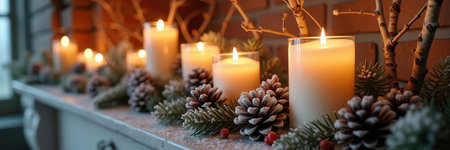Warm Christmas mantelpiece adorned with glowing candles, frosted pinecones, evergreen branches, and red berries. A cozy holiday ambiance with soft lighting and festive decor.の素材