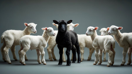 Black lamb surrounded by a group of white lambs, representing themes of individuality, diversity, and uniqueness. Neutral background enhances focus on the animals.の素材