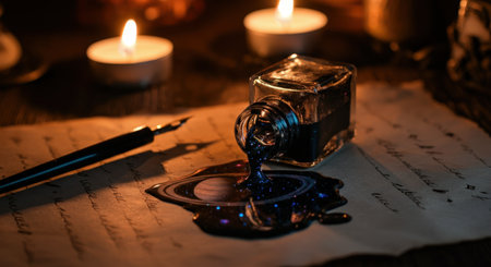 Vintage ink bottle spilling dark ink resembling a galaxy on handwritten letter with fountain pen and candlelight ambiance.の素材