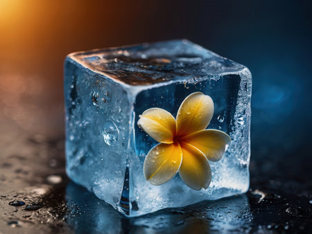 Yellow plumeria flower encased in a transparent ice cube, placed on a wet reflective surface. Warm orange and cool blue lighting create a striking contrast, enhancing the composition.の素材