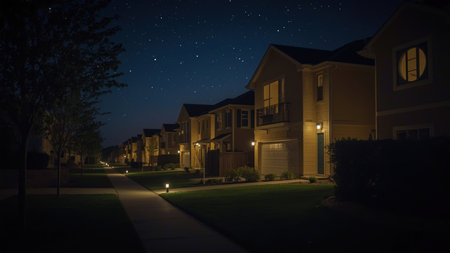 Peaceful suburban street at night featuring modern houses with warm lights, a well-maintained sidewalk, and a clear starry sky creating a serene atmosphere.の素材