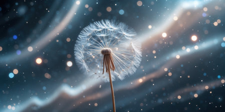 Close-up view of a delicate dandelion seed head surrounded by glowing bokeh lights against an abstract blue background, creating a dreamy atmosphere.の素材