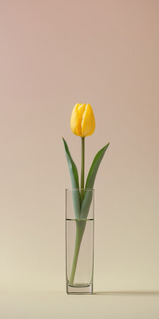 Single yellow tulip displayed in a tall clear glass vase filled with water, set against a minimalistic beige gradient background. Elegant and simple composition.の素材