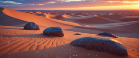 Expansive desert scene featuring rippled sand dunes and scattered rocks illuminated by warm sunset light. Vibrant sky with hues of orange and purple enhances the view.の素材