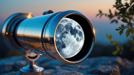 Close-up of a telescope aimed at the full moon, reflecting its detailed surface. Twilight sky and blurred natural elements create a serene atmosphere.の素材