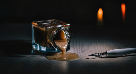 Vintage ink bottle with spilled ink and fountain pen on a wooden table, illuminated by candlelight in a dark setting.の素材