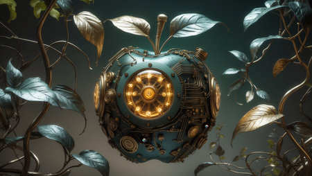 A futuristic mechanical apple featuring intricate gears and a glowing core, surrounded by metallic vines and leaves. The scene combines nature and technology in a surreal setting.の素材
