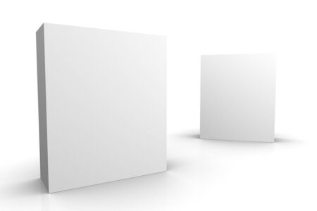 Illustration of blank white boxes/packages on a white background. To be filled with design/writings of your choiceの写真素材