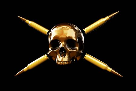 Skull with four crossed bullets on black background. Pirate flag alikeの写真素材
