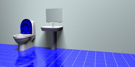 Illustration of a blue and gray bathroom with some blank space for additional design or textの写真素材