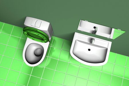 Illustration of a green bathroom with sink and toiletの写真素材
