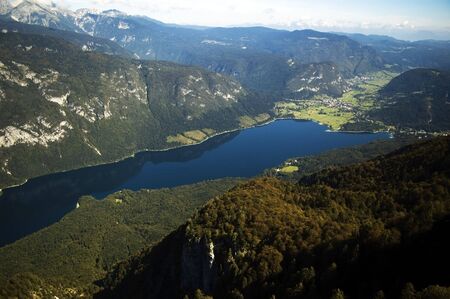 Aerial view of the Bohinj lake in Sloveniaの写真素材