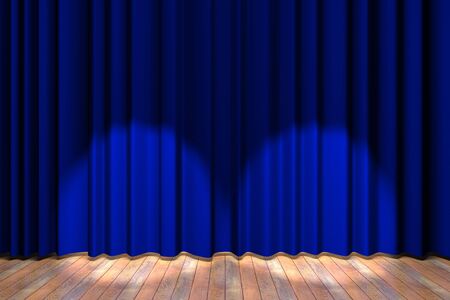 Wooden floor stage and a blue curtain in the backgroundの写真素材