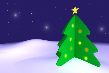 Christmas tree on snow, night sky in the backgroundの写真素材