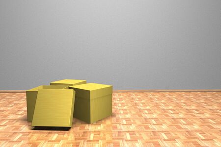 Three cardboard boxes in an empty roomの写真素材