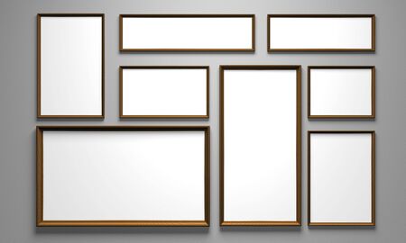 Eight blank framed pictures hanging on a gray wallの写真素材