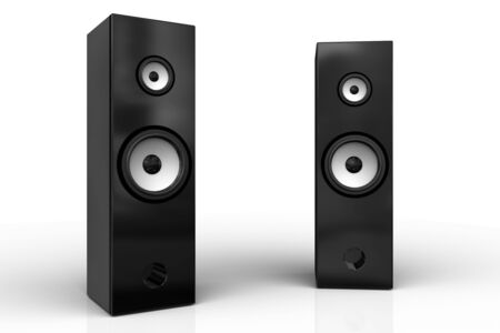 Two black speaker boxes on white backgroundの写真素材