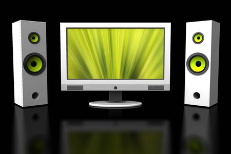 Wide LCD/plasma TV with speakers, on black backgroundの写真素材