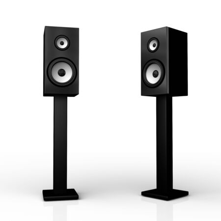 Two black speaker boxes on stand on white backgroundの写真素材
