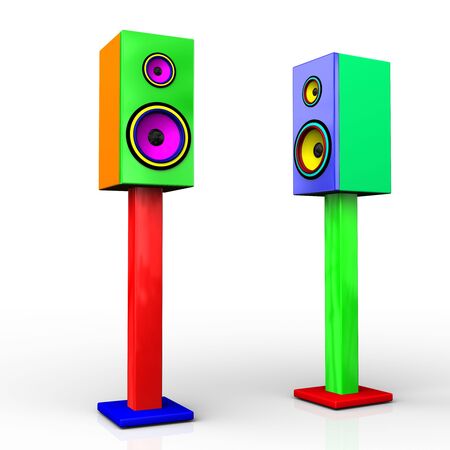 Two colorful speakers on a stand isolated on white backgroundの写真素材