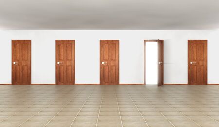 Room with five doors, one of them open to white glowing outdoorの写真素材