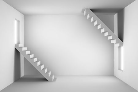  	White empty room with stairs leading to the exit in the left and rightの写真素材