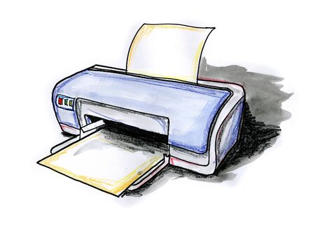 Hand drawn illustration of a desktop printer on white background