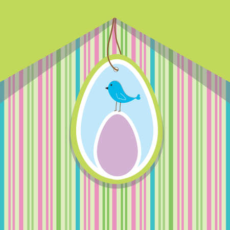 Green spring card with striped background, wto eggs and blue birdのイラスト素材