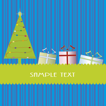 Christmas theme with Christmas tree and presents in a blue striped background のイラスト素材