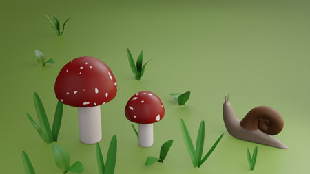 3d illustration of a snail and fly agaric mushrooms on green backgroundの写真素材