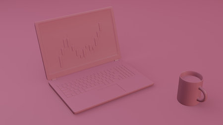 Laptop with financial graph isolated on a pink background and mug. 3d illustration. trading concept.の写真素材